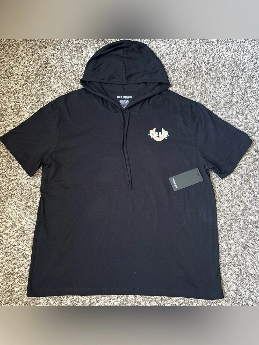 True Religion Black Short Sleeve Hooded Tee with Small Logo
